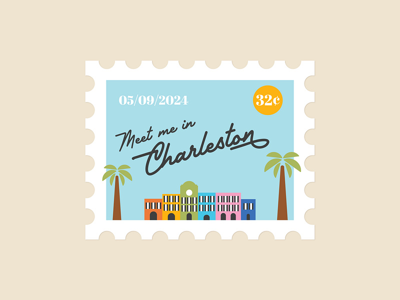 Meet Me In Charleston Stamp Illustration charleston charleston bachelorette charleston design charleston illustration charleston sc charleston south carolina charleston stamp outdoor design palm trees rainbow row south carolina south carolina design south carolina illustration stamp