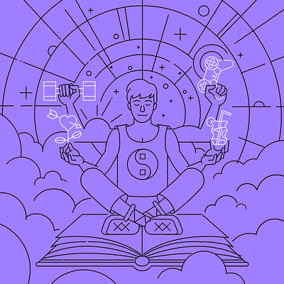 Lockdown balance book cloud creative drink fitness gaming illustration illustrator ilustrace line love marekehrenberger meditation purple sunrise vector white