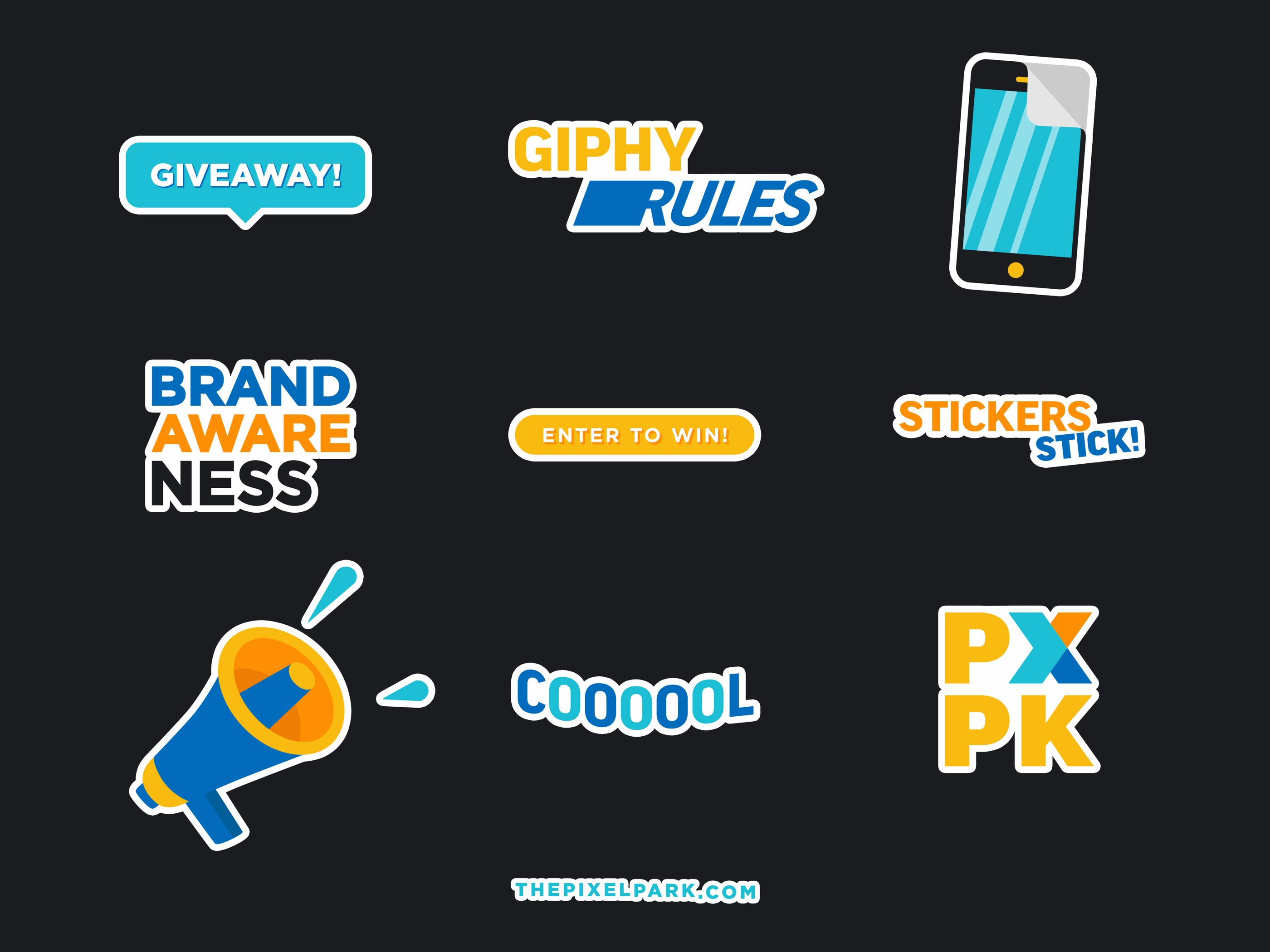 Pixel Park Stickers - Giveaway Pack animation blue branding buttons collection design fun gif graphic design illustration marketing modern motion graphics playful social media sticker pack stickers type typography ui