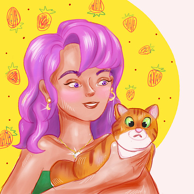 The girl and her Cat animals cat character design colorful digital art digital illustration digital painting girl sketch graphic design graphic illustration illustration strawberries