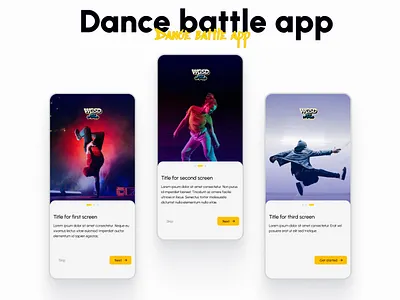 Splash screens for Dance battle app app battle blue branding bright dance design font logo mobile onboarding screens social media splash screen sport street style typography ui ux yellow