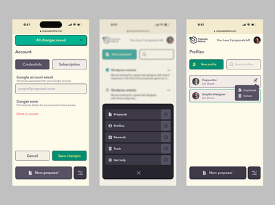 Yellow Paper UI for Proposals with AI in a Soft Brutalism Style ai proposals app design brutalism brutalist dark purple freelancer light ui mobile menu note taking paper productivity app ui writing app yellow