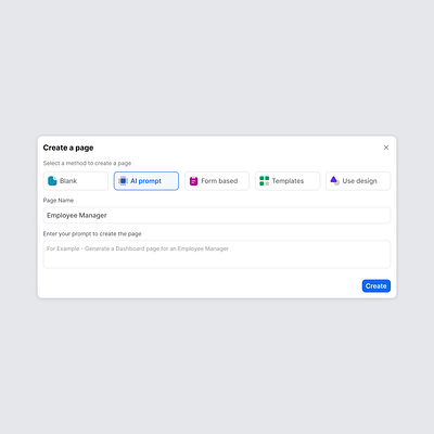 Create a page - Application Builder ai application builder lowcode modal page product design prompt ui ux
