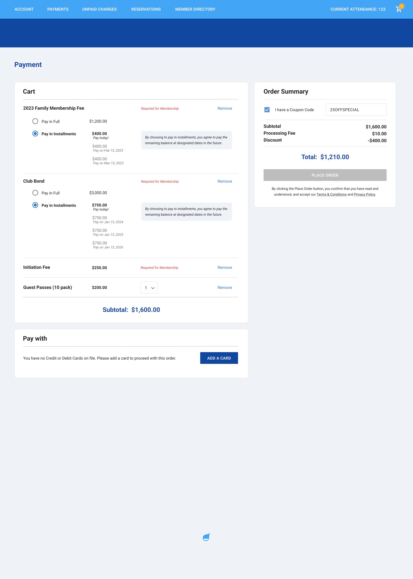 Member Splash - Checkout process cart checkout installments memberships process