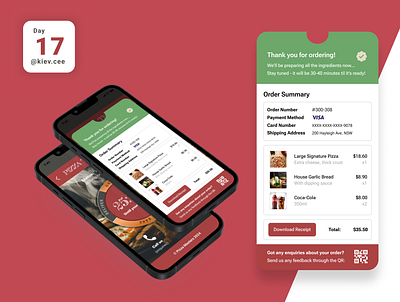 Day 17 UI Challenge: Purchase Receipt app confirm order cost daily challenge delicious design food purchase green online order pizza purchase qr code receipt red tracker ui ui design waiting time white