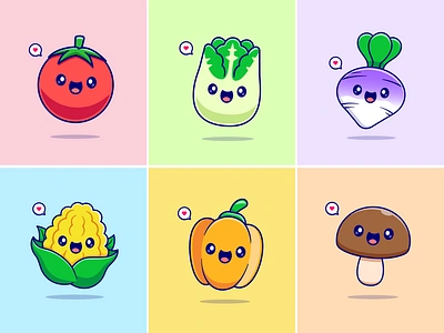 Cute Vegetables🍎🥬🌽 corn cute eyes face food fresh healthy icon illustration logo mushroom mustard organic pumpkin tomato vegetables vegetarian