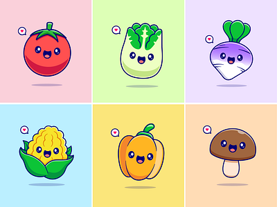 Cute Vegetables🍎🥬🌽 corn cute eyes face food fresh healthy icon illustration logo mushroom mustard organic pumpkin tomato vegetables vegetarian