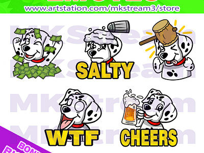 Twitch emotes dalmatian dog rich, salty, hammer, wtf & cheers animated emotes anime cheers cute dalmatian dalmatian dog dalmatian emotes design dog dog emotes emote emotes hammer illustration money rich salty sub badge twitch emotes wtf
