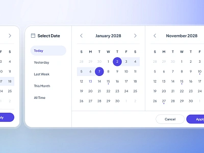 slothUI - World's Laziest Design System - Date Picker Calendar calendar calendar interface calendar ui clean date picker date picker component date picker ui date range figma design system figma ui kit gradient interface deisgn interface design minimal purple slothui soft ui ui ui design ui kit