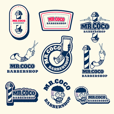 Set logo of Mr.Coco Barbershop badge branding design graphic design illustration lettering logo mascot retro stickers vector vintage
