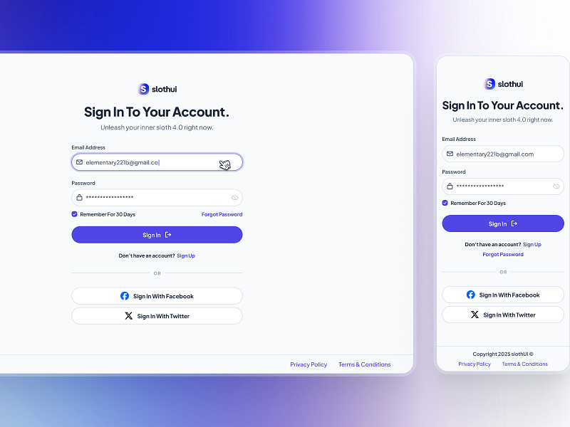 slothUI - World's Laziest Design System - Sign In Login Auth UI authentication ui clean ui design system figma component figma design system figma ui kit gradient gradient ui interface design log in log in ui minimal ui modern ui purple sign in sign in screen sign in ui soft ui ui design ui kit