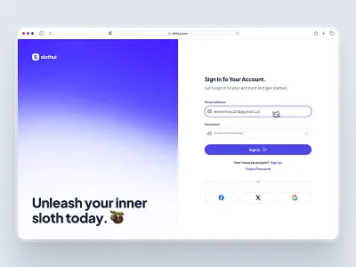 slothUI - World's Laziest Design System - Sign In Screen UIUX authentication screen clean ui figma design system figma ui kit gradient ui indigo interface design log in ui login design login screen minimal ui modern ui purple sign in scree sign in ui slothui soft ui ui ui design ui kit