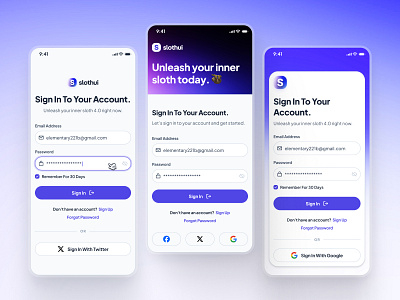 slothUI - World's Laziest Design System - Sign In Screen Mobile authentication screen clean ui design system figma design system figma ui kit gradient log in mobile login screen login ui minimal ui mobile app modern ui purple sign in mobile sign in screen sign in ui slothui soft ui ui design ui kit