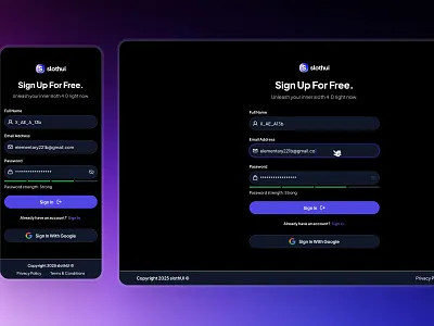 slothUI - World's Laziest Design System - Sign Up Screen UI Dark auth screen authentication ui clean ui create account ui dark mode design system figma design system figma ui kit gradient log in screen minimal ui modern ui sign in sign up sign up screen soft ui ui ui component ui design ui kit