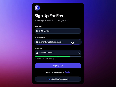 slothUI - World's Laziest Design System - Sign Up Modal UIUX authentication ui clean ui dark mode design system figma design system figma ui kit gradient log in login screen minimal ui modern ui purple sign in sign up sign up screen sign up ui slothui soft ui ui design ui kit
