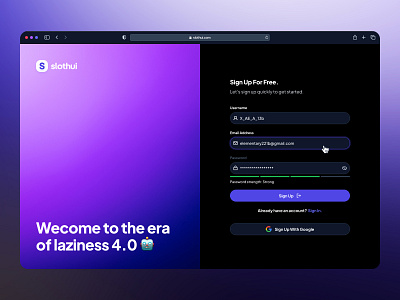 slothU: World's Laziest Design System - Sign Up Screen Auth UIUX authentication ui design system figma design system figma ui kit gradient log in log in screen log in ui minimal modern purple sign up sign up page sign up screen sign up ui slothui ui design ui kit user sign up web design