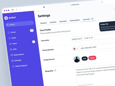 slothUI - World's Laziest Design System - Settings Dashboard UI account settings ui clean dashboard ui design system figma design system figma ui kit minimal modern profile settings purple setting setting ui settings settings ui slothui soft tooltip ui design ui kit user settings