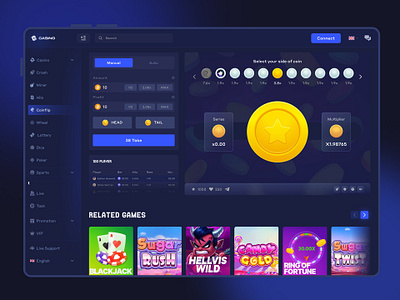 Crypto- Casino Interface (Coinflip Page) betting website blockchain game casino casino online casino website coinflip crypto dapp dashboard design dice gambling hero jackpot online betting ui web design wes