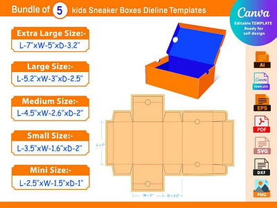 5 Sizes Kids Sneaker Shoe Box Dieline box box die cut branding design dieline illustration packaging packaging design ui vector