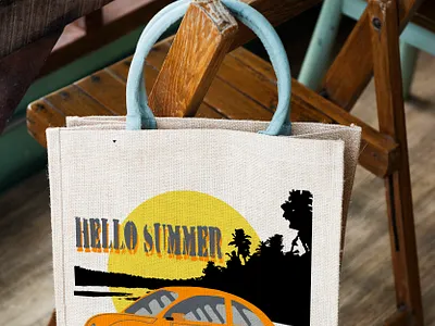 Bag with "Hello Summer" illustration. beach branding car graphic design grey hellosummer logo old oldcar orange palm retro sea summer summerprint sunset yellow