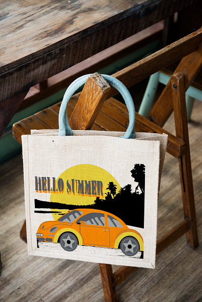 Bag with "Hello Summer" illustration. beach branding car graphic design grey hellosummer logo old oldcar orange palm retro sea summer summerprint sunset yellow