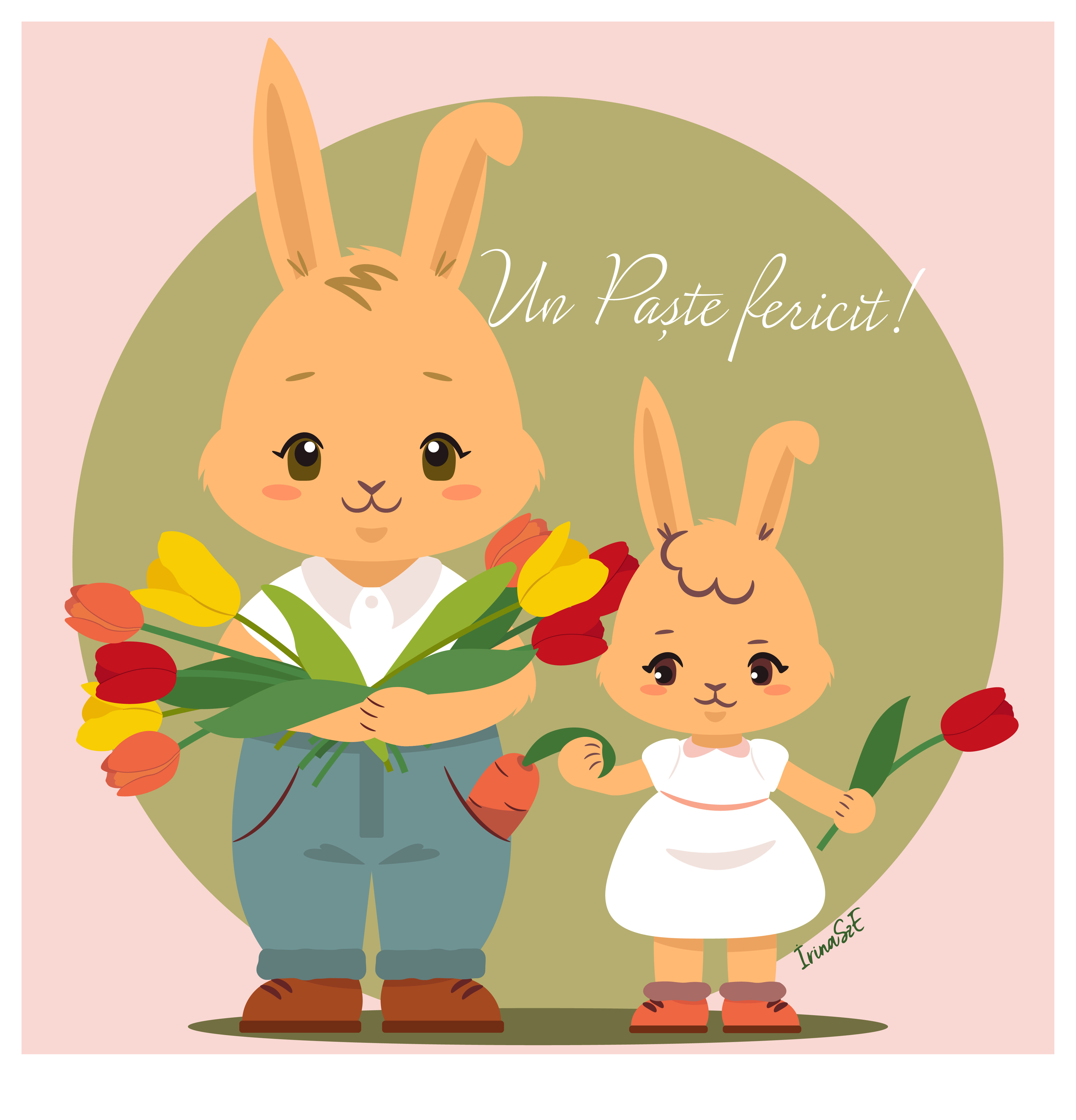 Bunnies with tulips - family holiday card illustration bouquet bunnies bunny bunny brothers cartoon children clothes cute easter card family portrait flowers funny holiday card kids lovable siblings summer toddlers tulips vector illustration