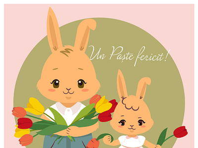 Bunnies with tulips - family holiday card illustration bouquet bunnies bunny bunny brothers cartoon children clothes cute easter card family portrait flowers funny holiday card kids lovable siblings summer toddlers tulips vector illustration