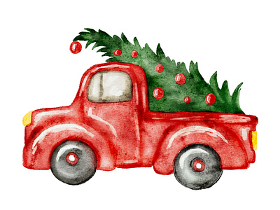 Watercolor red car with tree car christmas design illustration print red tree vector watercolor