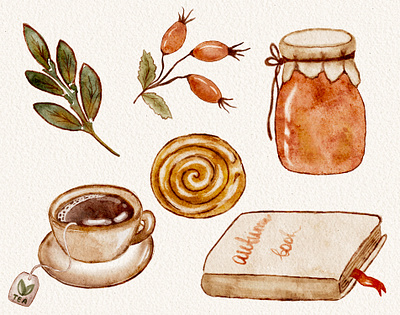 Watercolor set cozy tea with rosehips book cozy rosehip set tea