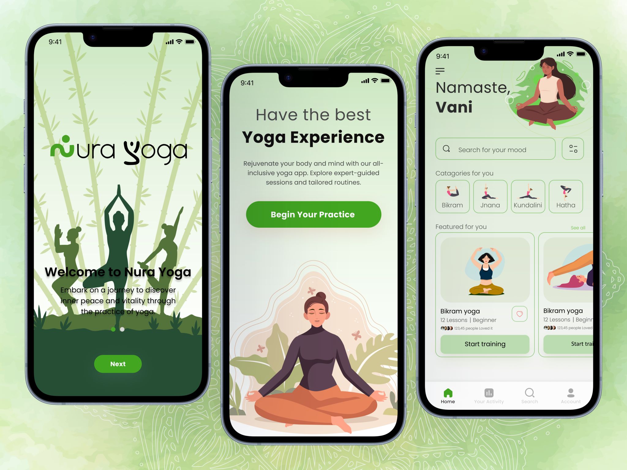 Nura yoga app UI design 3d animation branding graphic design logo motion graphics ui