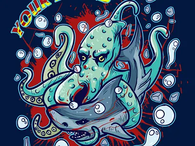 Octopus and shark battle animal design graphic design illustration merchandise octopus shark tshirt