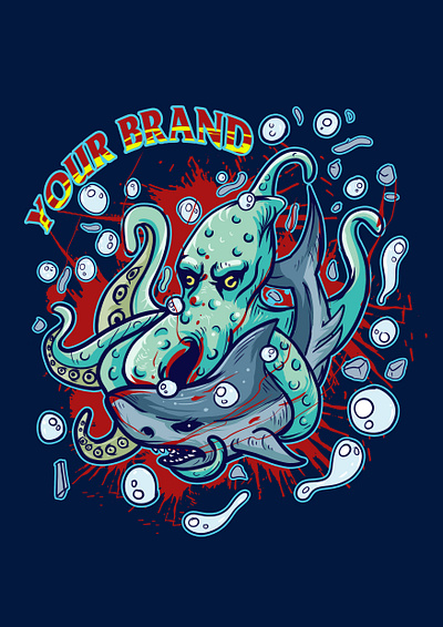 Octopus and shark battle animal design graphic design illustration merchandise octopus shark tshirt