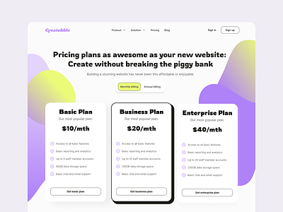 Creatubble Pricing-Page button light mode minimal monthly pricing cards pricing sturcture pricing web saas saas website ui element web page webflow yearl