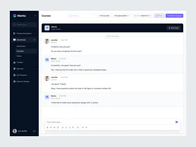 Manta - Course Message Dashboard b2b chat chatgpt clean conversation dashboard design dipa inhouse inbox message messenger minimal modern navbar product design saas startup ui ui design web app