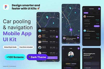 Car Pooling & Navigation App UI Kit app design carpooling dark figma interface kit map mobile mobile app navigation template theme ui kit