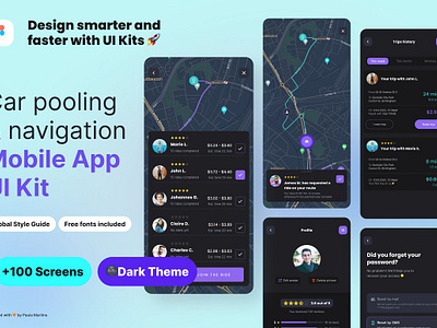 Car Pooling & Navigation App UI Kit app design carpooling dark figma interface kit map mobile mobile app navigation template theme ui kit