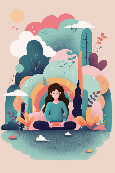 Peace of mind flat style girl in nature illustration meditation minimalistic nature
