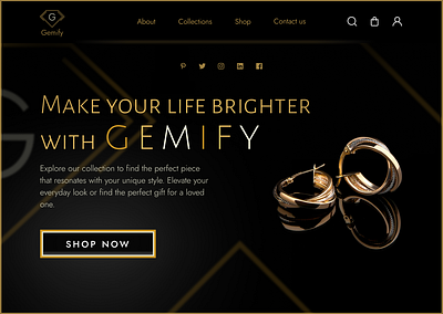 The landing page for Gemify Jewellery store branding golden jewellery landing page lines logo online store shop now store ui web design