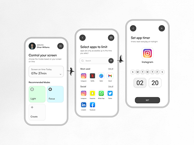 Digital Detox Application app design digital detox digital detox app limit screen limit screen time limit screen usage minimal mobile app mockup mobile mockup mockup modern screen off time screen on time screen time screen time app screen time monitor timer ui design