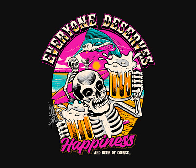 A SKELETON HOLDING A BEER WITH A BEACH VIBES, AND VIBRANT COLORS branding design graphic design illustration skeleton