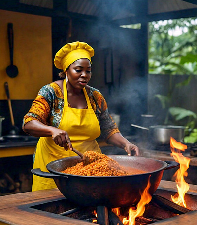 An African woman cooking jollof rice illustration