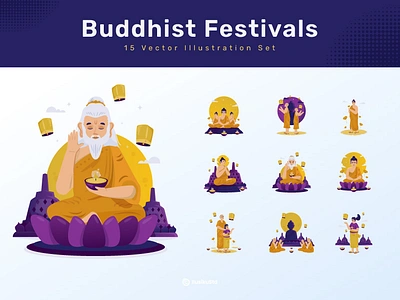 Buddhist Vesak Day Illustrations buddha buddhist cartoon celebration ceremony character festival flat design greeting guru illustration meditation monk purnima religion spiritual vector vesak day waisak worship