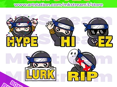 Twitch emotes chibi ninja hype, waving, rip, lurk & ez pack animated emotes anime cartoon chibi cute design discord emotes emote emotes ez hi hype illustration lurk naruto ninja ninja emotes rip sub badge twitch emotes