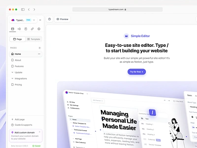Typedream No Code Web Editor Redesign button dashboard development editor no code pastel purple webdev webeditor website