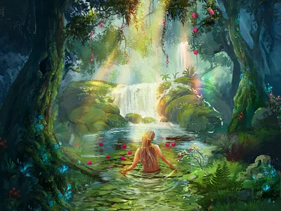Goddess Of Pond character design commissioned art fantasy foliage graphic design illustration medieval trees water