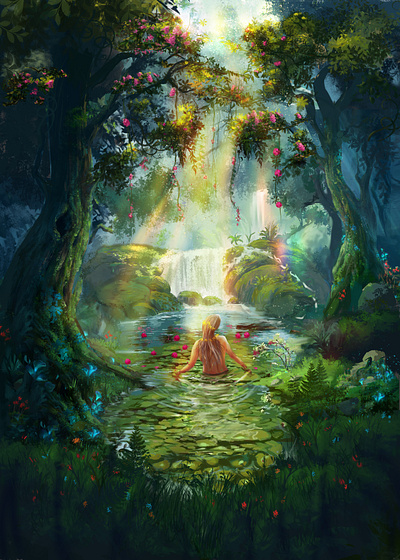 Goddess Of Pond character design commissioned art fantasy foliage graphic design illustration medieval trees water