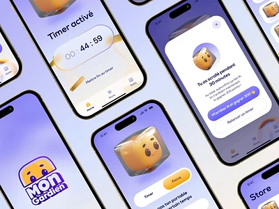 MonGardien Mobile App ✴ Case Study on Behance 3d chronometer e commerce gaming gradients illustration list logo menu mobile app mobile navigation navigation pomodoro purple shop signin signup stickers timer yellow