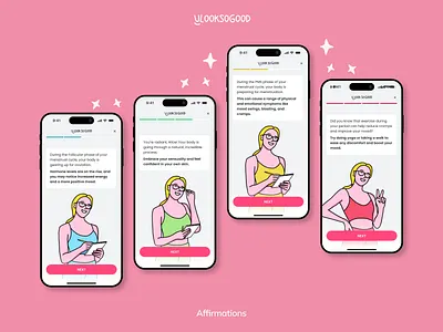 U Look So Good: Affirmations affirmations app coach cycle cycle based cycle tracking design follicular illustration luteal menstrual minimal mobile ovulation story tracking ui ux visual wellness