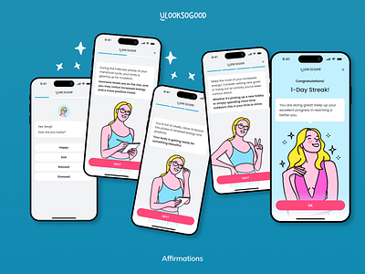 U Look So Good: Affirmations affirmation app bubble coachmark cycle cycle tracker daily female mobile mood onboarding period period tracker question quiz speech story streak tracker welcome