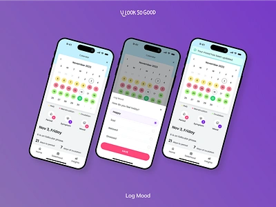 U Look So Good: Calendar bottom sheet calendar coach cycle cycle based date happy health log log mood menstrual mood period radiobutton relaxed sad selection single selection tracker wellness